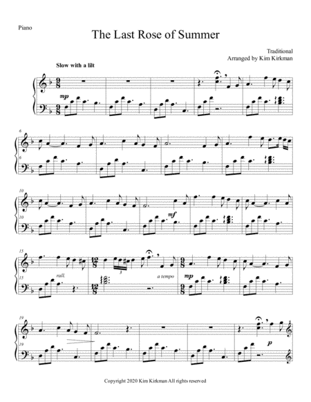 Last Rose of Summer - piano solo - easy (arr. Kim Kirkman)