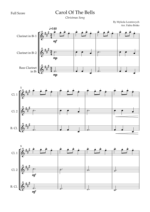 Carol Of The Bells (Christmas Song) for Clarinet Trio (arr. Fabio Britto)