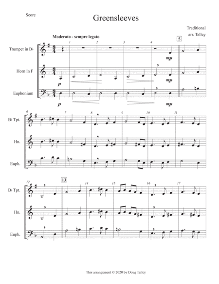 Greensleeves for brass trio (score and parts) (arr. Doug Talley)