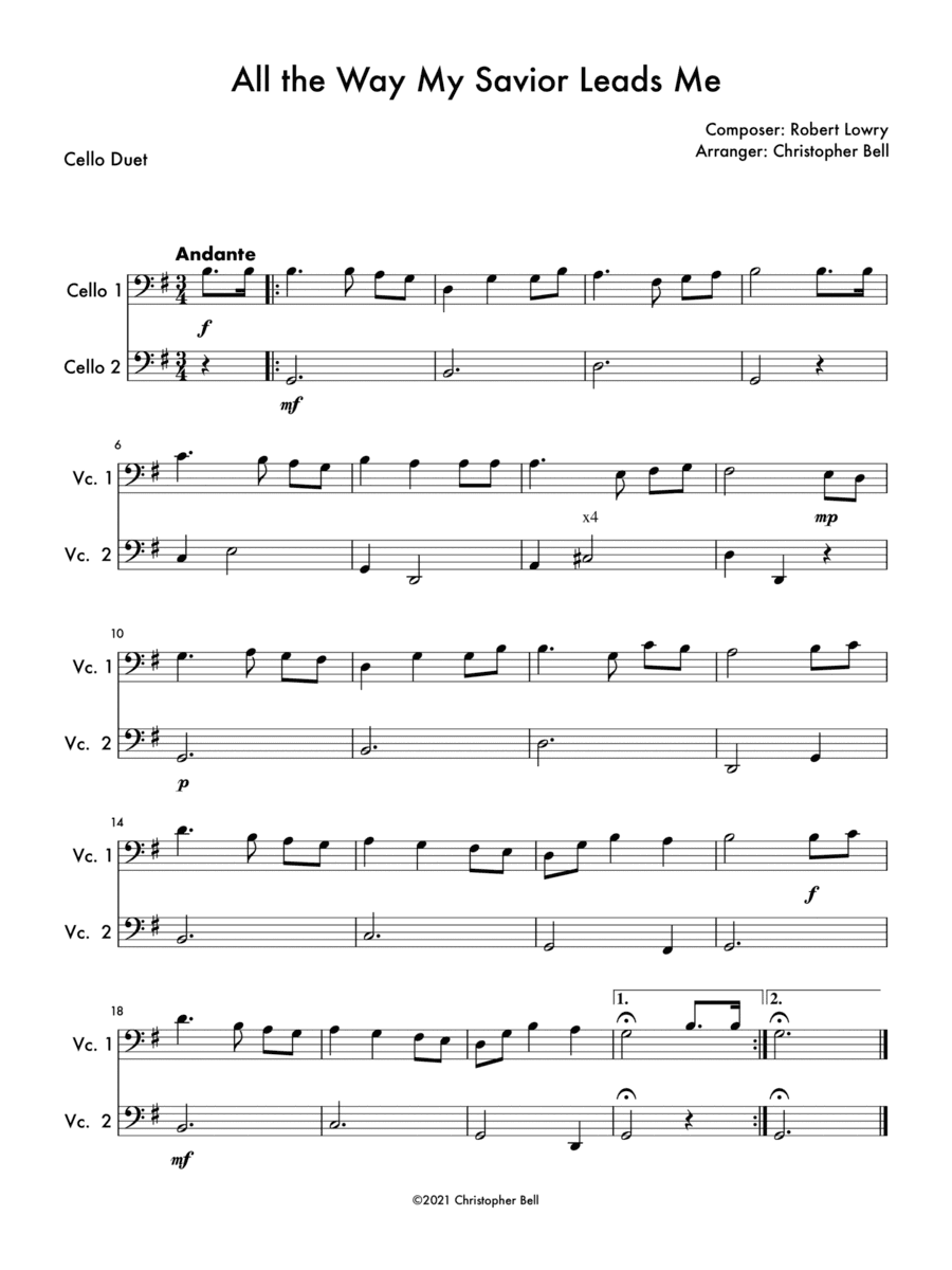 All the Way My Savior Leads Me - Easy Cello Duet (arr. Christopher Bell)
