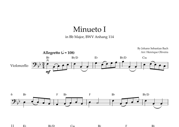 Minueto I in Bb Major, BWV Anhang 114 (Cello + Chords) (arr. Henrique Oliveira)