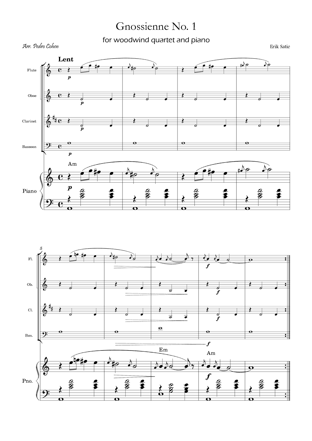 Gnossienne No. 1 – for Woodwind Quartet and Piano with chords (arr. Pedro Cohen)