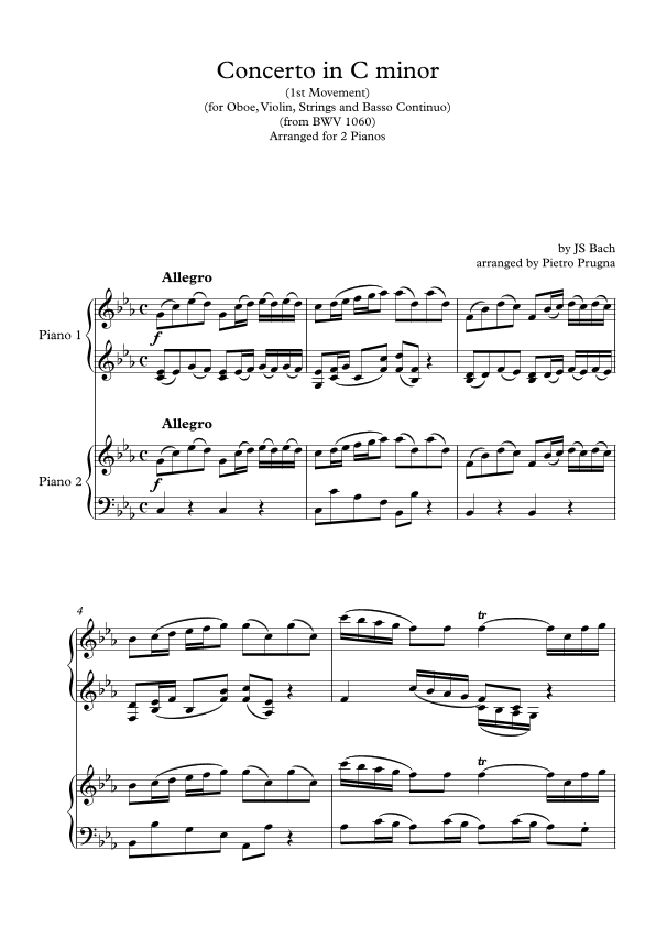 Concerto in C minor for Oboe and Violin (BWV 1060) - 1st Movt - arranged for 2 pianos (arr. Pietro Prugna)
