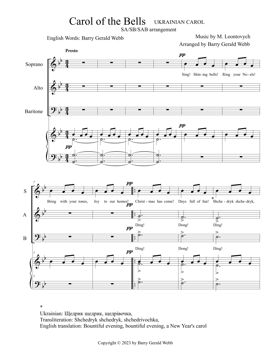 Carol of the Bells (arr. arrangement and lyrics by Barry Gerald Webb)