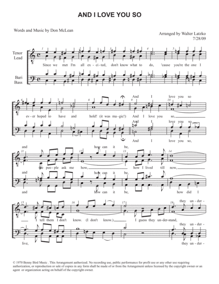 And I Love You So (arr. Walter Latzko)