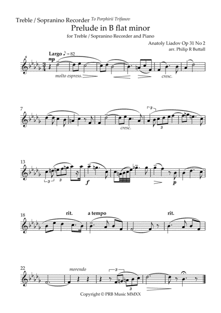 Prelude in B flat minor (Lyadov) - [Treble or Sopranino Recorder] (arr. Philip R Buttall)