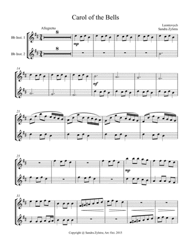 Carol of the Bells (treble Bb instrument duet, parts only) (arr. Sandra Zylstra)