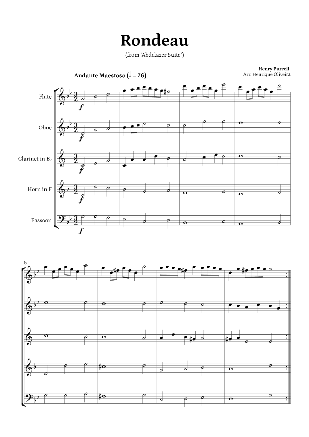 Rondeau from "Abdelazer Suite" by Henry Purcell - For Woodwind Quintet (arr. Henrique Oliveira)