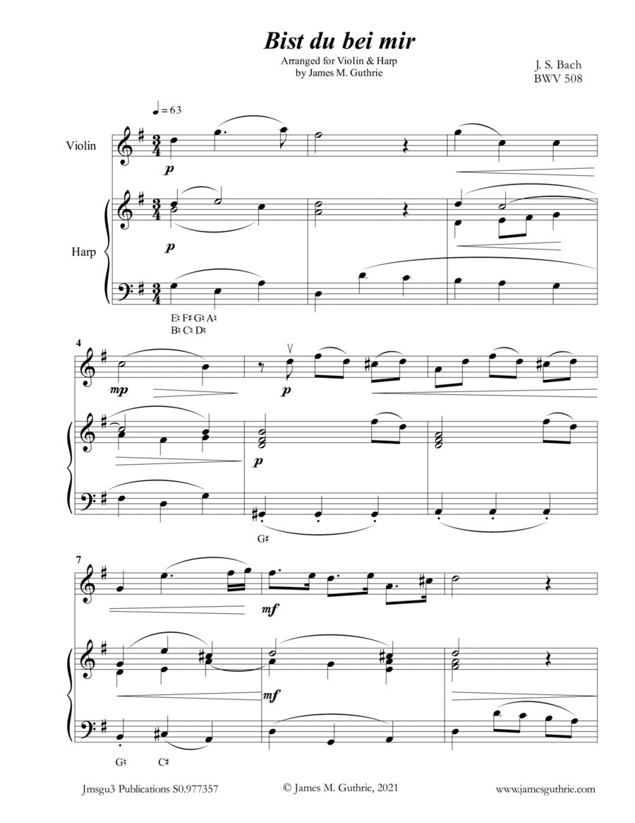 BACH: Bist du bei mir for Violin & Harp (arr. James M. Guthrie)
