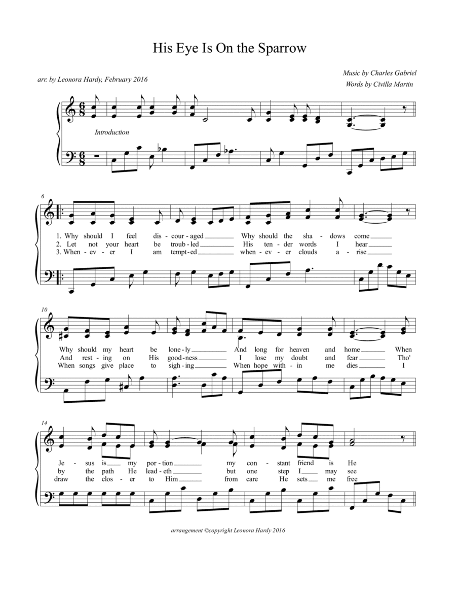 His Eye Is On the Sparrow Key of C (arr. Leonora Hardy)