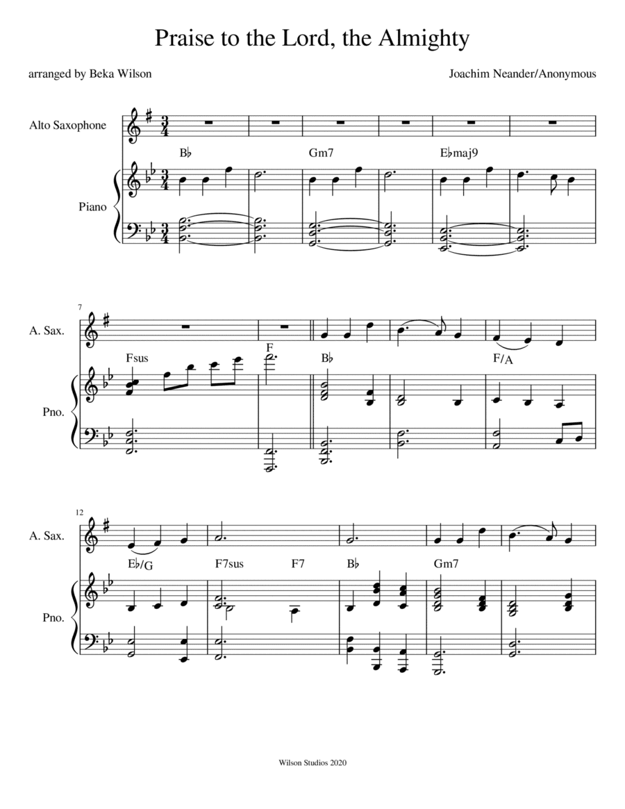 Praise to the Lord, the Almighty--advanced alto sax solo (arr. Beka Wilson)