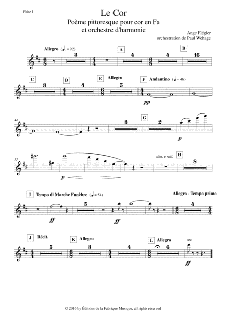 Ange Flégier: Le Cor for solo horn and concert band, flute 1 part (arr. Paul Wehage)