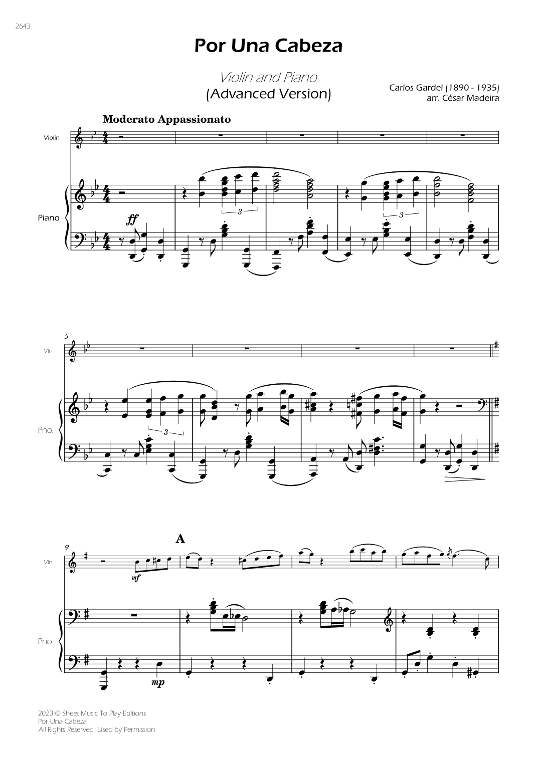 Por Una Cabeza - Violin and Piano - Advanced (Full Score) (arr. César Madeira)