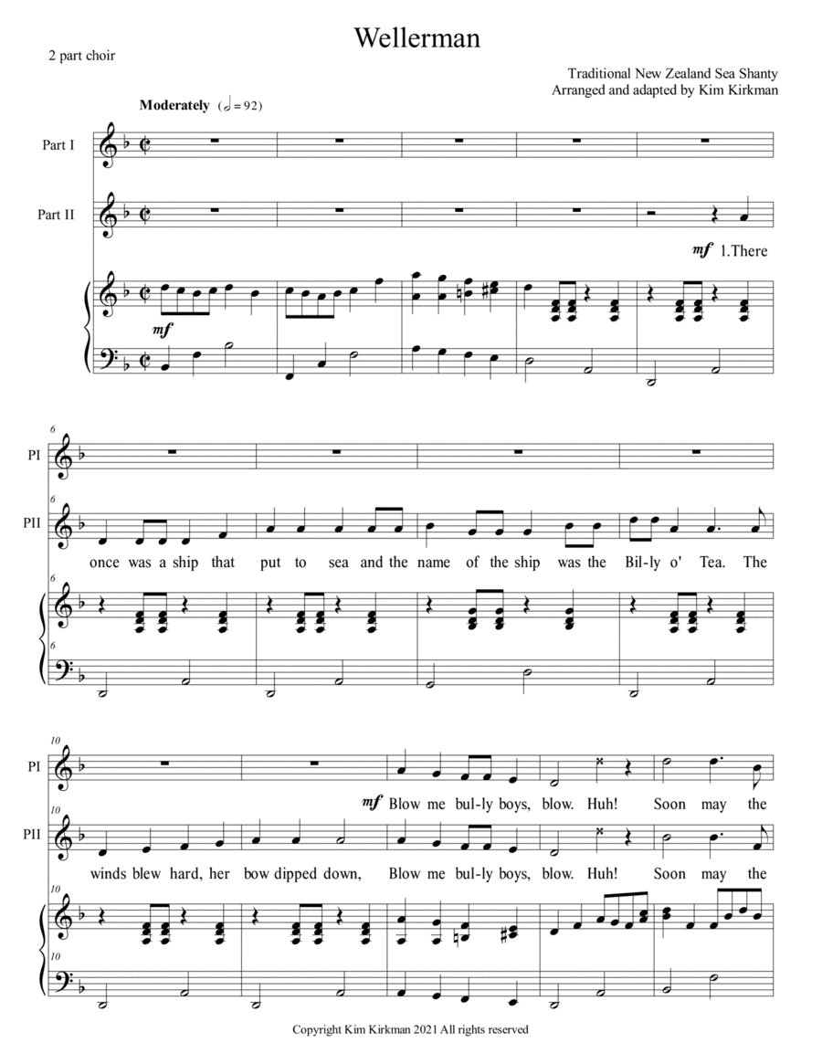 Wellerman - for two-part choir and piano - with word changes to save whales in final verse (arr. Kim Kirkman)