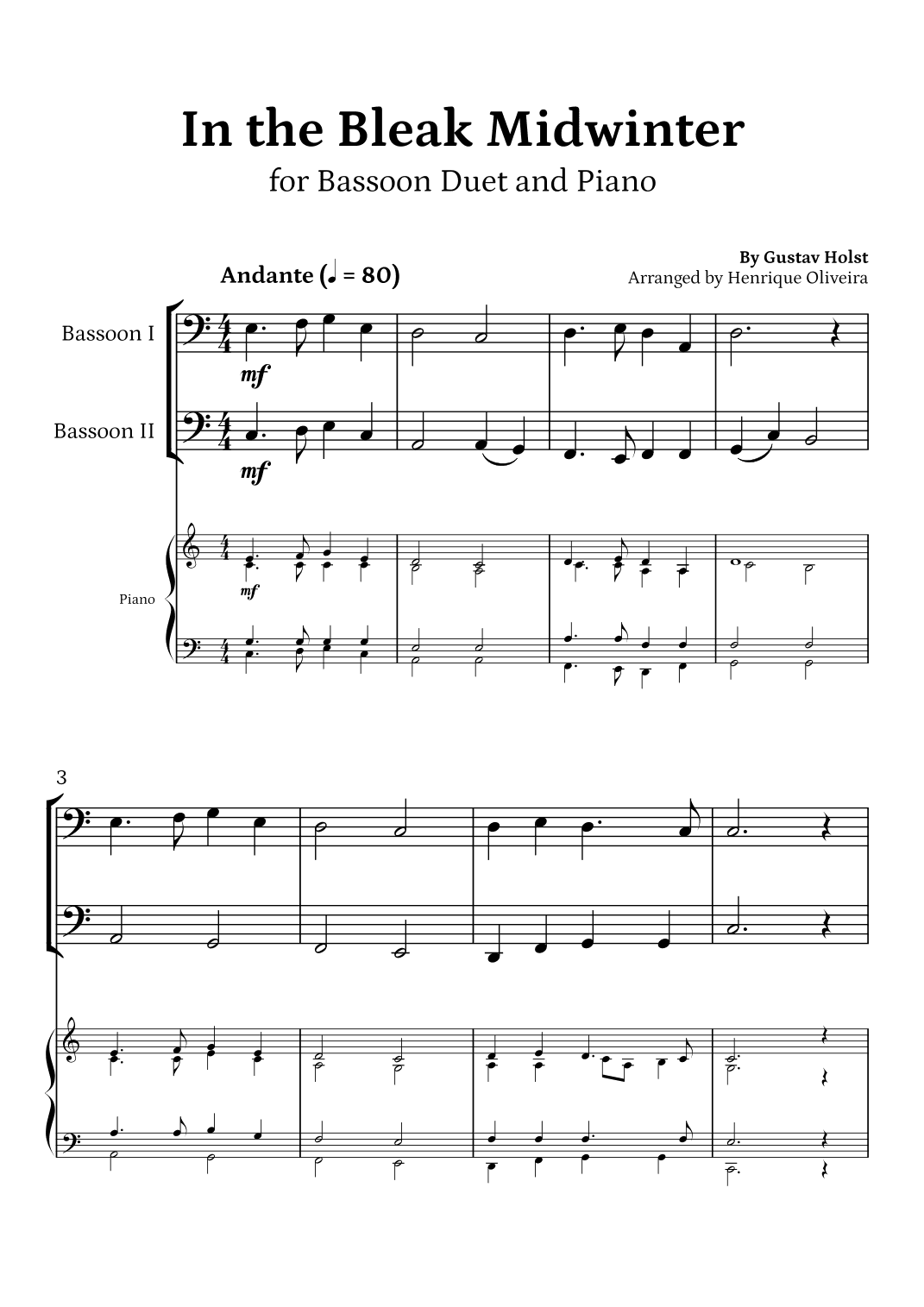 In the Bleak Midwinter (Bassoon Duet and Piano) - Beginner Level (arr. Henrique Oliveira)