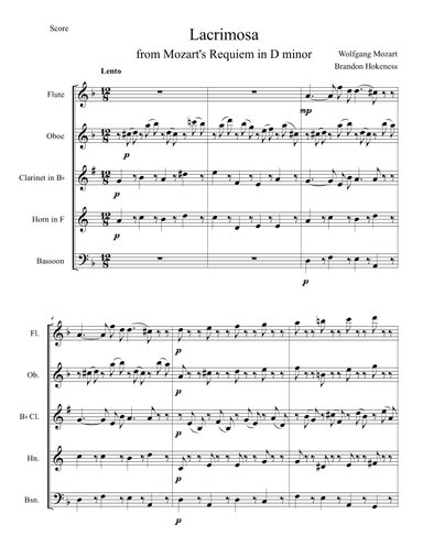 Lacrimosa from Mozart's Requiem - Woodwind Quintet (arr. Brandon Hokeness)