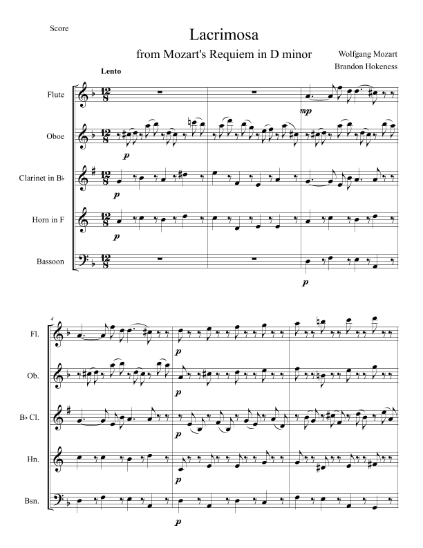 Lacrimosa from Mozart's Requiem - Woodwind Quintet (arr. Brandon Hokeness)