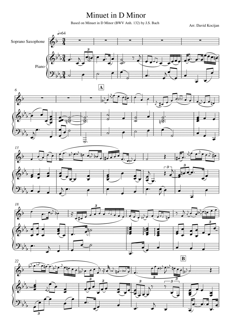 Bach - Minuet in D Minor, BWV Anh. 132 (soprano sax & piano) (arr. David Kocijan)