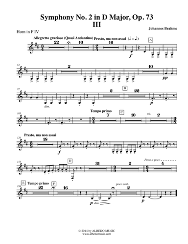 Brahms Symphony No. 2, Movement III - Horn in F 4 (Transposed Part), Op. 73 (arr. Doug Clyde)