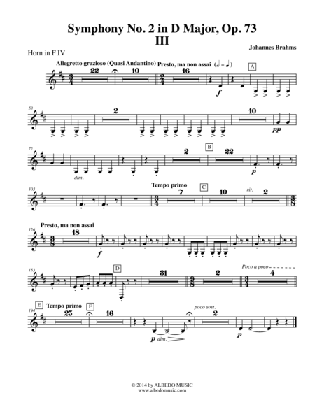 Brahms Symphony No. 2, Movement III - Horn in F 4 (Transposed Part), Op. 73 (arr. Doug Clyde)