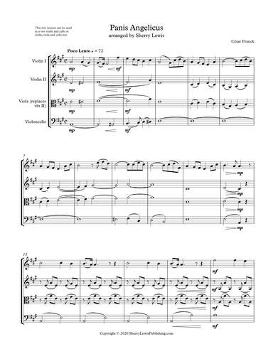 PANIS ANGELICUS String Trio, Intermediate Level for 2 violins and cello or violin, viola and cello (arr. Sherry Lewis Publishing)