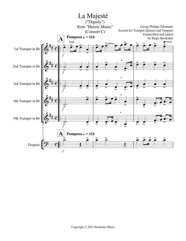 La Majeste (from "Heroic Music") (Bb) (Trumpet Quintet, Timp) (arr. Regis Bookshar)