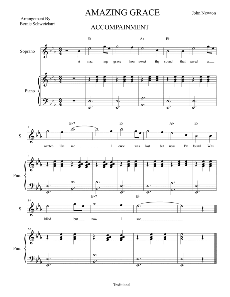 Amazing Grace (Vocal  With Piano Accompaniment) In Eb Major (arr. Bernie Schweickart)