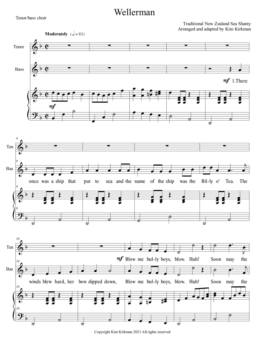 Wellerman - for TB choir and piano - with word changes to save whales in final verse (arr. Kim Kirkman)