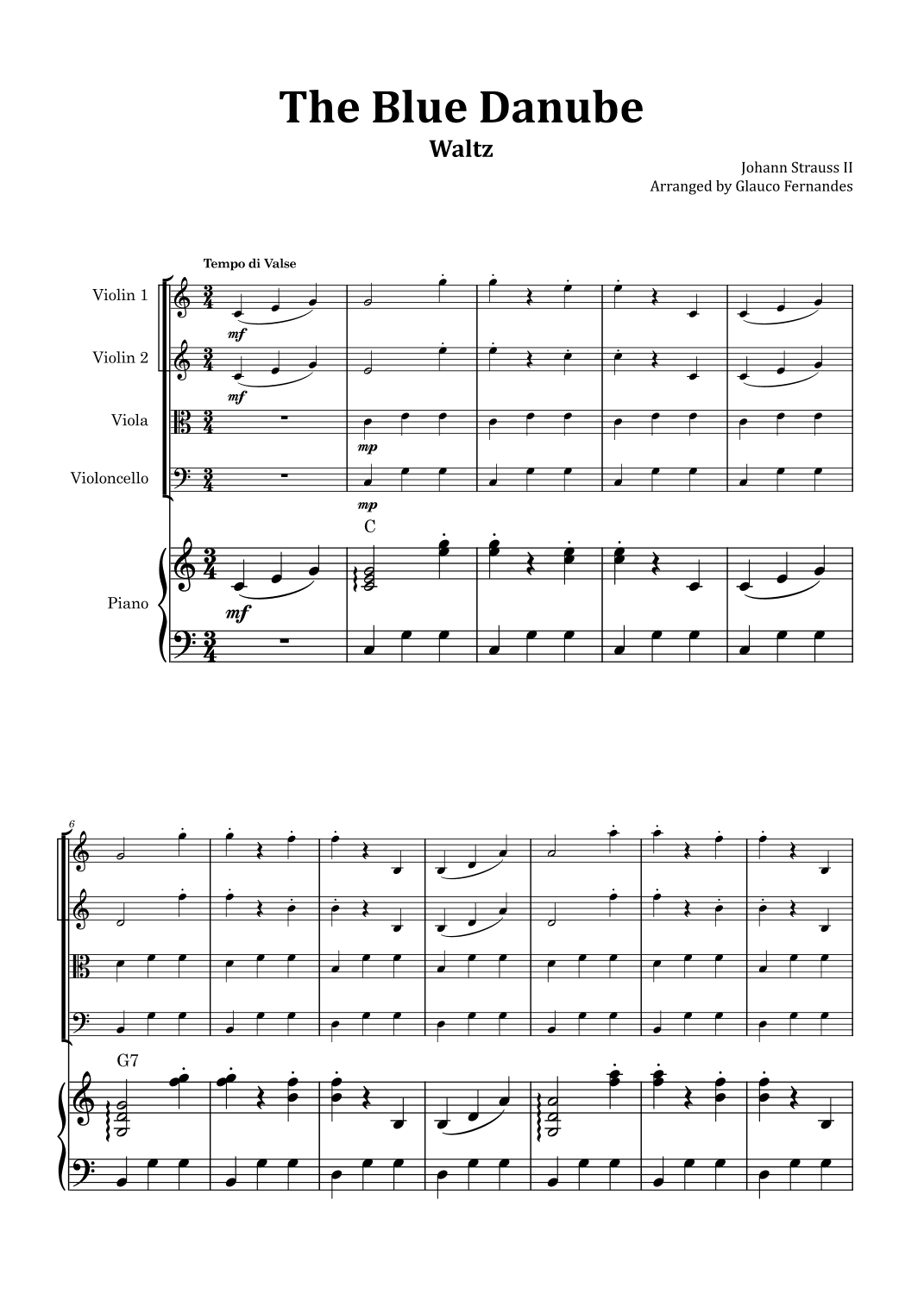 The Blue Danube - String Quartet with Piano and Chord Notations (arr. Glauco Fernandes)