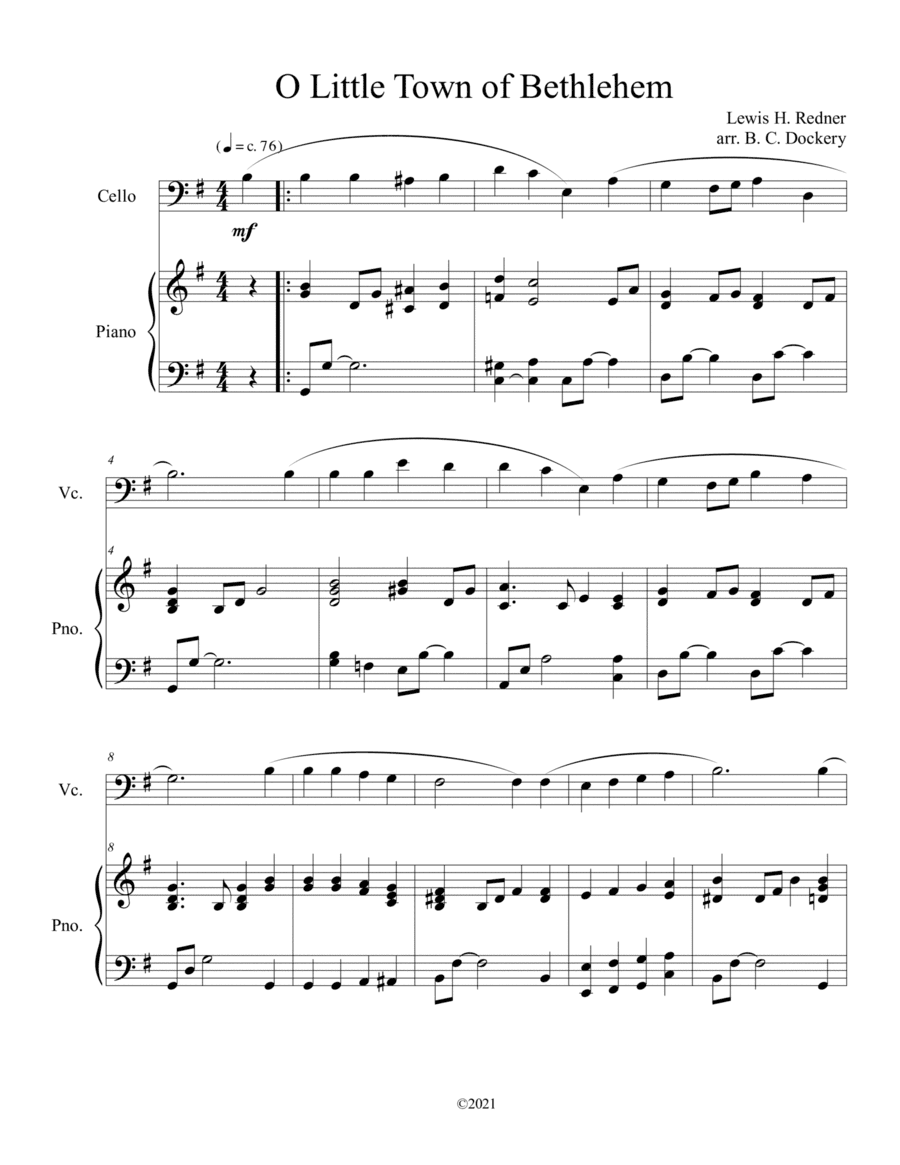 O Little Town of Bethlehem (Cello Solo) with piano accompaniment (arr. B. C. Dockery)