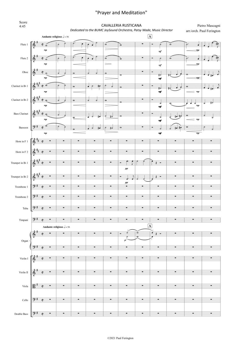 "Prayer & Meditation" from Mascagni's CAVALLERIA RUSTICANA for Orchestra (arr. Paul Ferington)