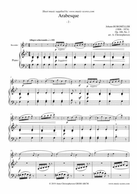 Arabesque - Burgmuller Op.100, No.2 - Recorder and Piano (arr. Anne L Christopherson GRSM ARCM)