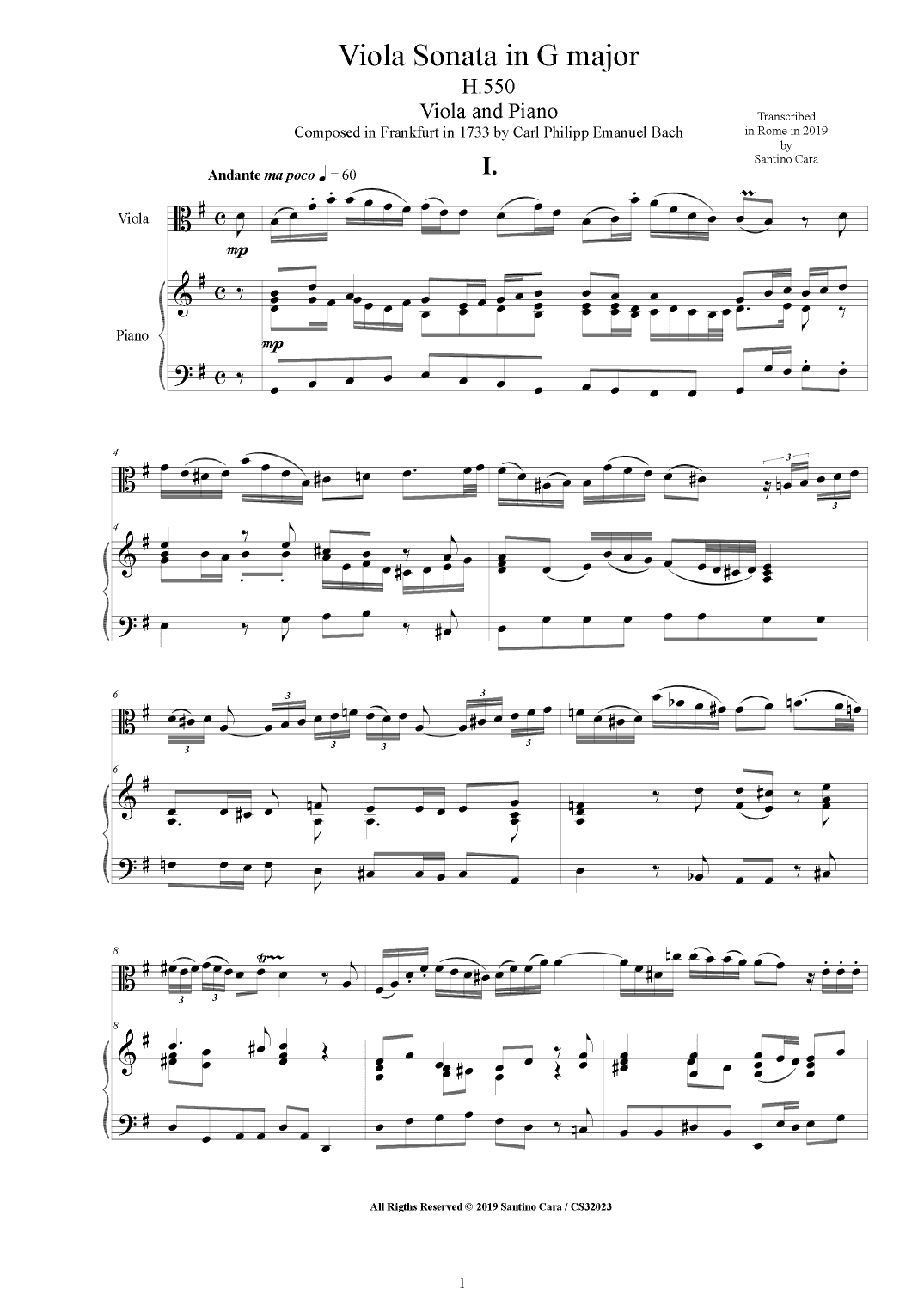 Bach CPE - Viola Sonata in G major H550 for Viola and Piano (arr. Santino Cara)