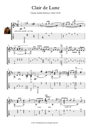 Claire de Lune guitar solo (arr. PianoSheetNow)