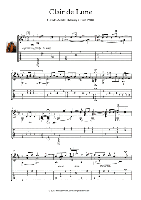 Claire de Lune guitar solo (arr. PianoSheetNow)