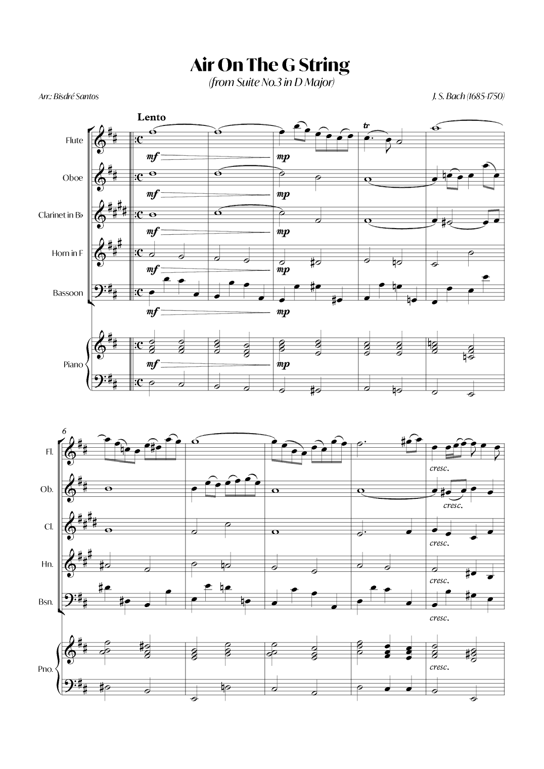 Air On The G String (from Suite No.3 in D Major) (Bach) - Woodwind quintet with Piano (arr. André Alberto Santos)