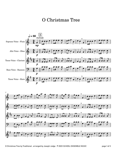O Christmas Tree for Woodwind Quartet in Schools (arr. Joseph Judge)