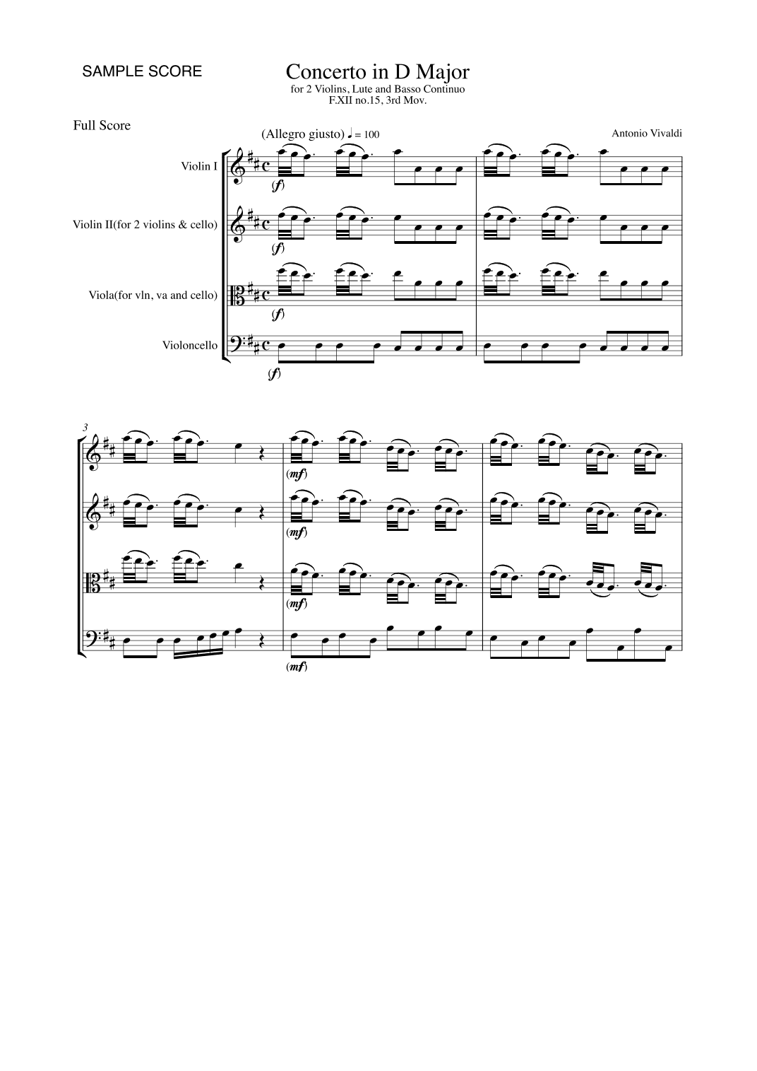 CONCERTO IN D MAJOR FOR 2 VIOLINS, LUTE AND BASSO CONTINUO, F.XII NO.15, 3rd Mov., STRING TRIO (arr. Sherry Lewis Publishing)