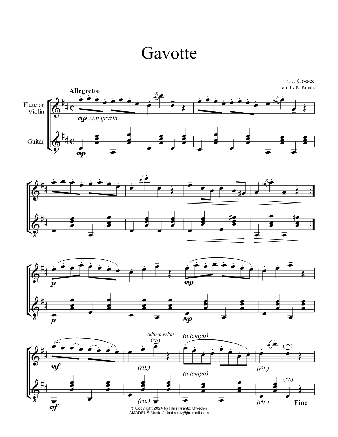 Gavotte by Gossec for violin or flute and guitar (arr. K. Krantz)