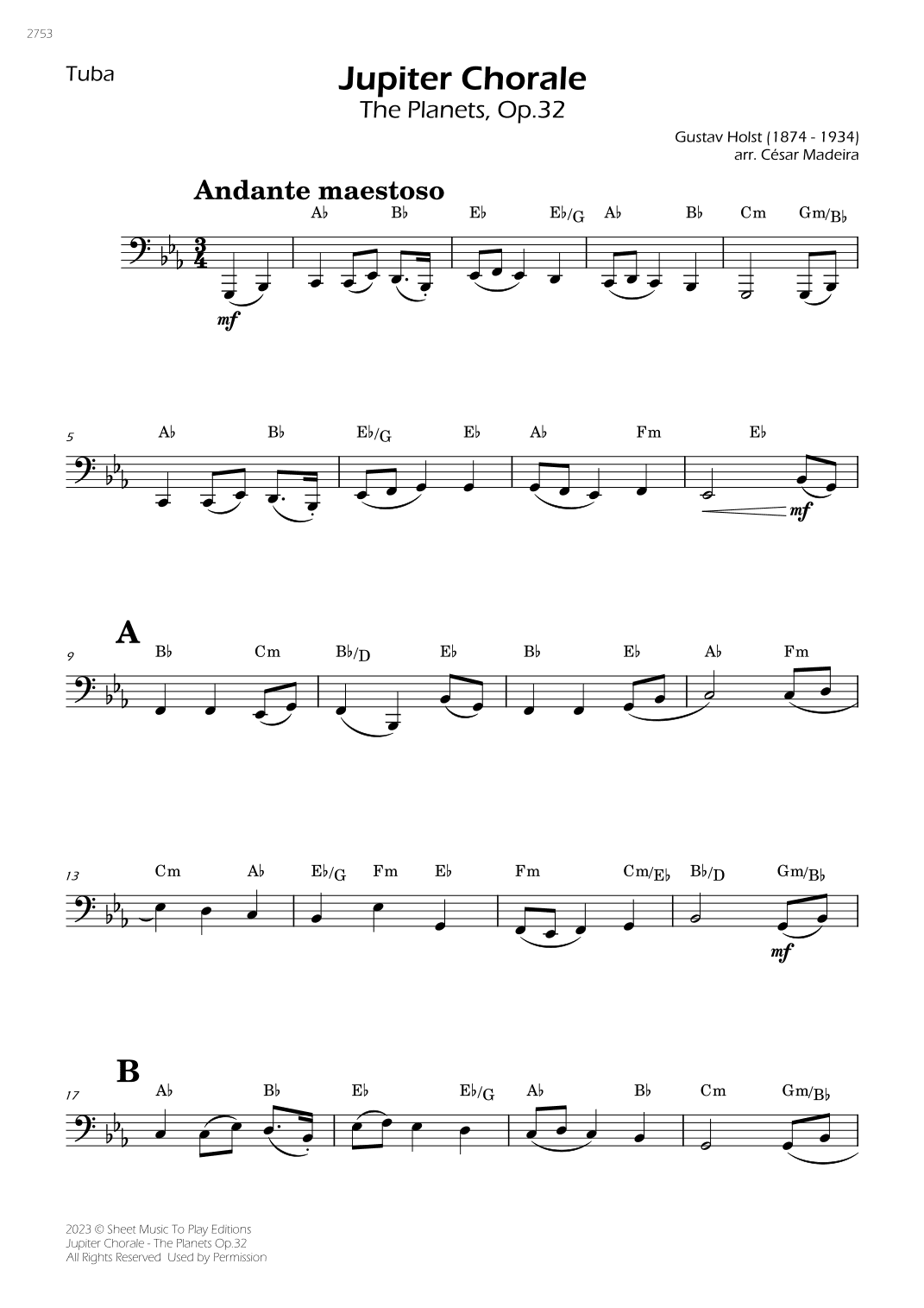Jupiter Chorale from The Planets - Tuba Solo - W/Chords (arr. César Madeira)