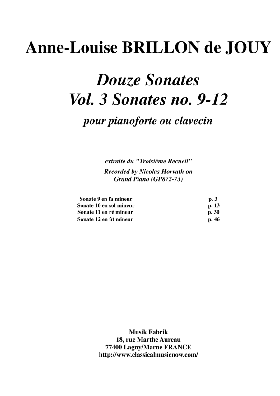 Anne-Louise Brillon de Jouy: 12 Sonatas, Vol. 3: Sonatas 9-12 for piano or harpsichord (arr. Musik Fabrik Music Publishing)