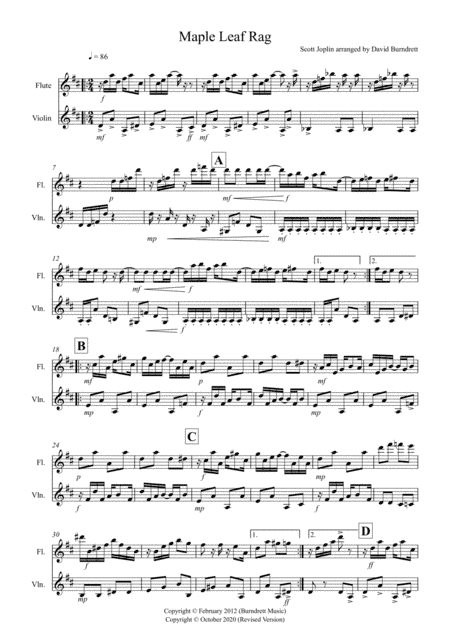 Maple Leaf Rag for Flute and Violin Duet (arr. David Burndrett)