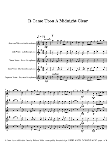 It Came Upon A Midnight Clear for Saxophone Quartet in Schools (arr. Joseph Judge)
