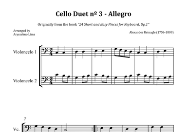 Cello Duet nº 3 – Allegro (Originally from the book "24 Short and Easy Pieces for Keyboard, Op.1") (arr. Arysselmo Lima)