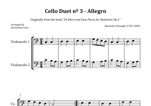 Cello Duet nº 3 – Allegro (Originally from the book "24 Short and Easy Pieces for Keyboard, Op.1") (arr. Arysselmo Lima)