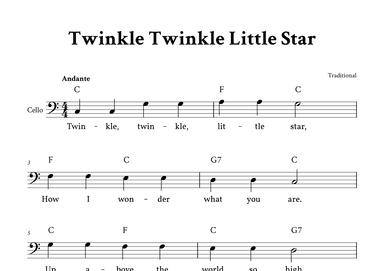 Twinkle Twinkle Little Star - Cello in C (with Chords and Lyrics) (arr. Yuri Noronha)