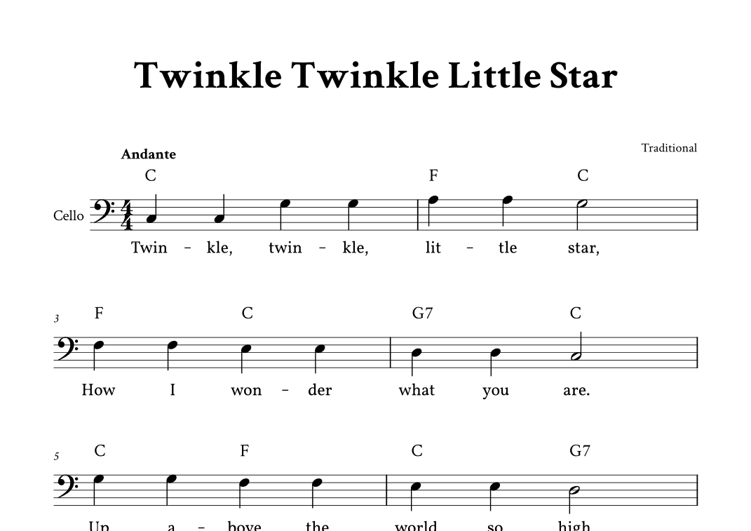 Twinkle Twinkle Little Star - Cello in C (with Chords and Lyrics) (arr. Yuri Noronha)