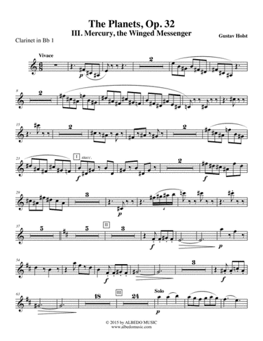 Holst The Planets, III. Mercury, the Winged Messenger - Clarinet in Bb 1 (Transposed Part), Op. 32 (arr. Doug Clyde)