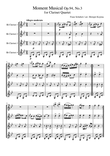 Schubert : Moment Musical (Moments Musicaux) op.94, No.3 for Clarinet Quartet (arr. Shimpei Kojima)