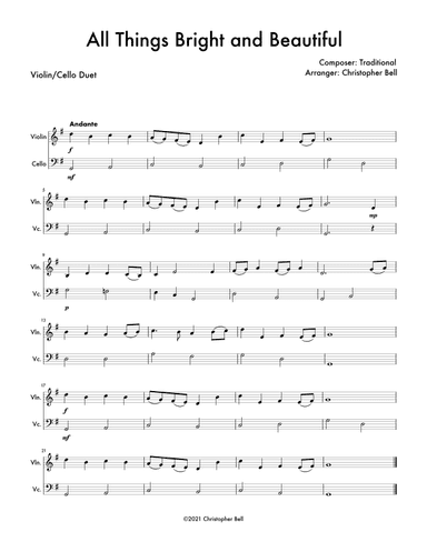 All Things Bright and Beautiful - Easy Violin/Cello Duet (arr. Christopher Bell)